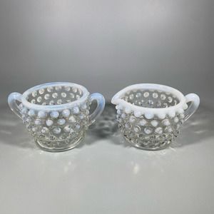 Vintage 1943 Fenton Opalescent Hobnail Cream and Sugar Set